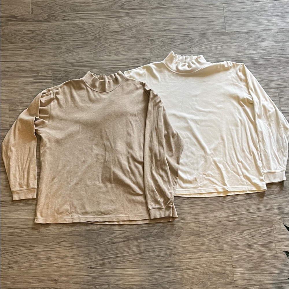 Set of Two Mens LL Bean Long Sleeve Mockneck Tops - Tan and Cream